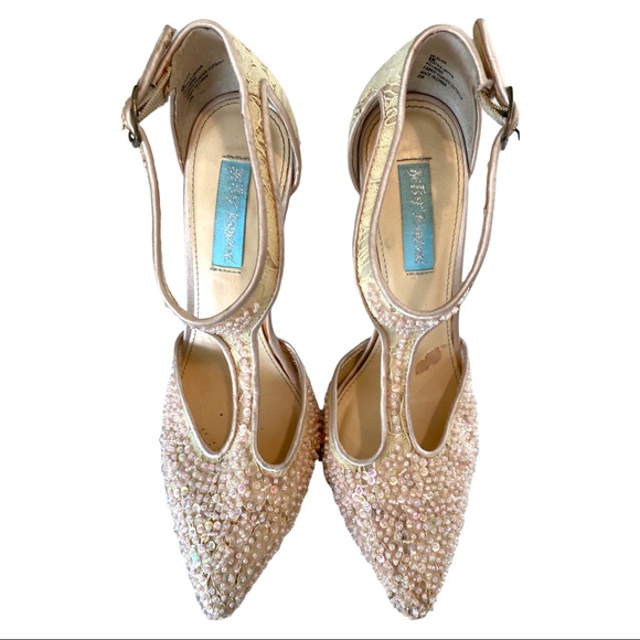 Betsey Johnson “Eliza” Blush Sequin Beaded Bridal Heels Pumps Women’s 8 Wedding - Picture 3 of 11